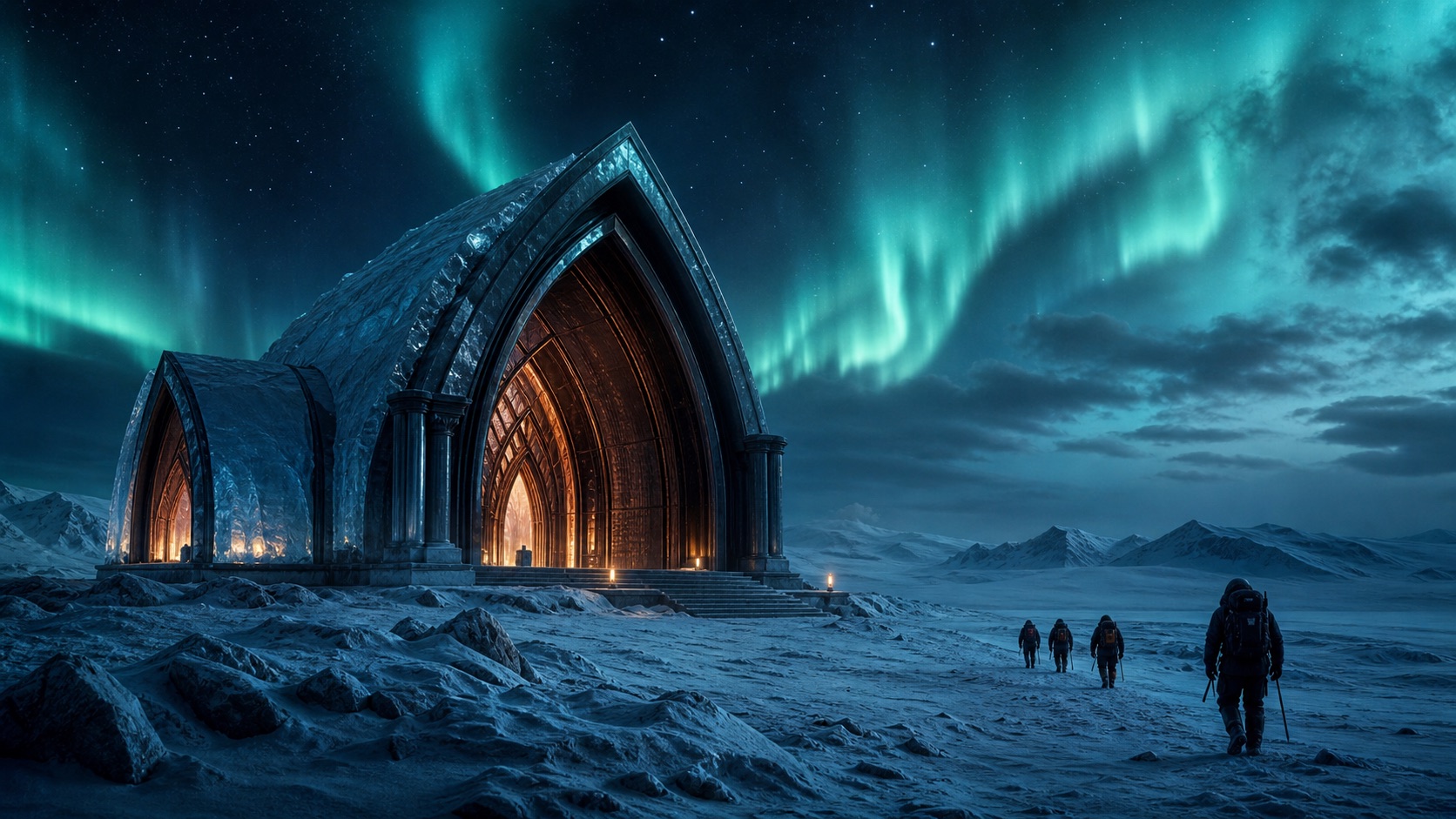 Original AI film still with an arctic research chapel under aurora