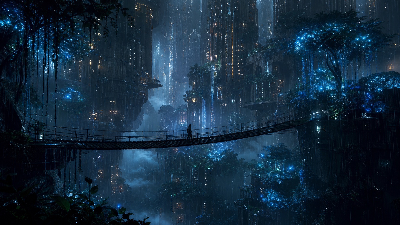 Original AI film still with a bioluminescent vertical megacity